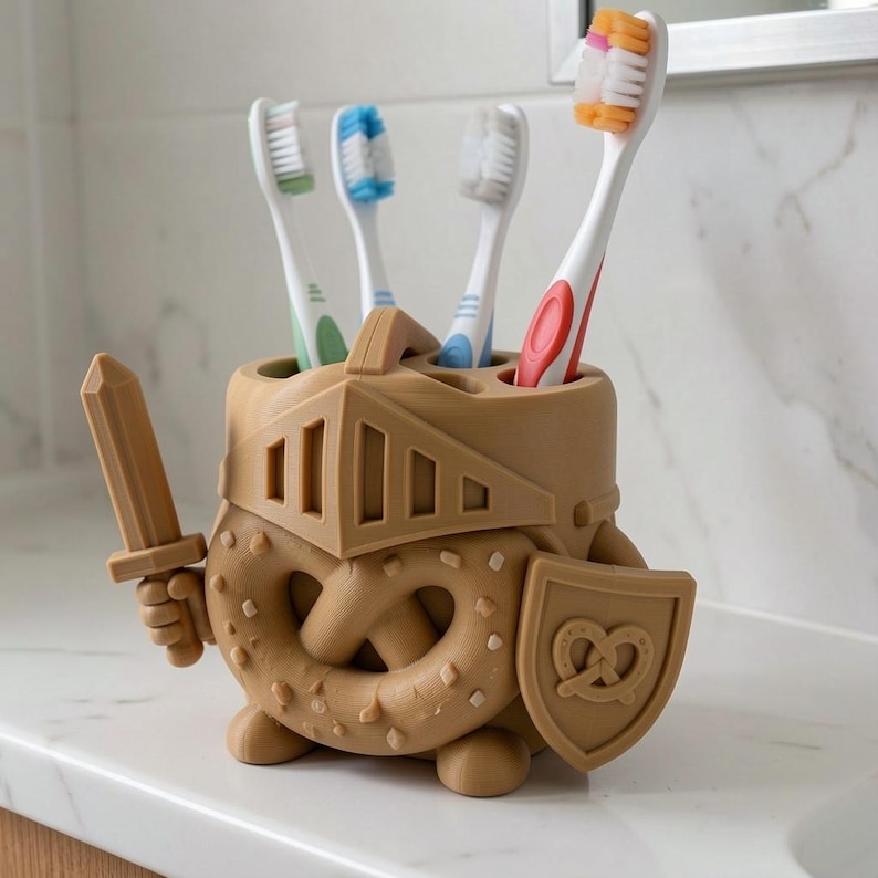 May include: A tan, knight-shaped toothbrush holder featuring a pretzel-textured body, a helmet visor, a sword in one hand, and a shield with a pretzel emblem in the other. The holder contains four toothbrushes with white, blue, green, and orange bristles.