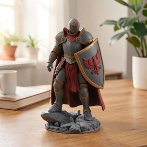 May include: A detailed figurine of a knight in full armor, standing on a rocky base. The knight is clad in gray and gold armor, with a red cape and shield featuring a red bird emblem. The figurine is a decorative item.