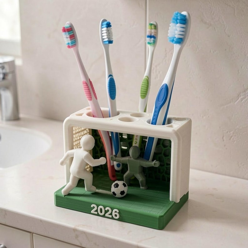 May include: A white and green toothbrush holder shaped like a football goal with a net, featuring a white player figure, a grey goalkeeper figure, a small football, and the year 2026 printed on the base, holding four colourful toothbrushes.
