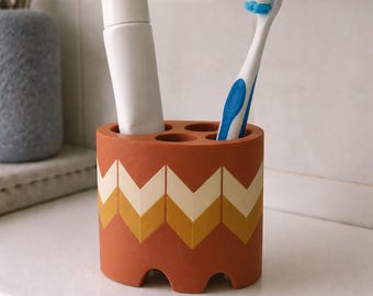 Terracotta Chevron 3D Printed Toothbrush Holder - Hand Painted Rust Mustard Cream Bathroom Countertop Organizer