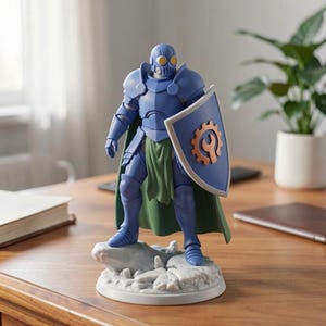May include: A blue figurine of a knight in armor, holding a shield with a gear and wrench design. The knight has a green cape and is standing on a rocky base. The figurine is on a wooden table.