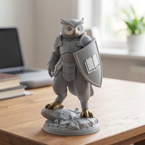May include: A gray owl figurine in armor, holding a shield with a book emblem. The owl has gold-colored talons and beak, standing on a rocky base. The figurine is on a wooden surface, with a laptop and books in the background.