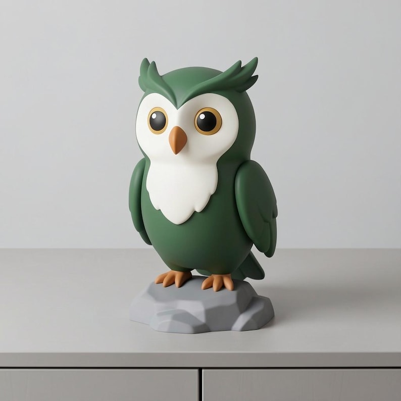May include: A decorative owl figurine in shades of green, white, and brown. The owl has large, expressive eyes and a white chest, perched on a gray rock base. The figurine is a charming decorative item.