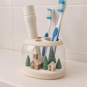 May include: A clear, oval-shaped toothbrush holder with a beige base and top. Inside the transparent walls is a winter scene featuring a beige church, a small beige house, and green pine trees on a white snowy base. It holds two toothbrushes.