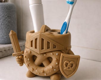 Pretzel Knight Defender 3D Printed Toothbrush Holder - Hand Painted Bathroom Accessory
