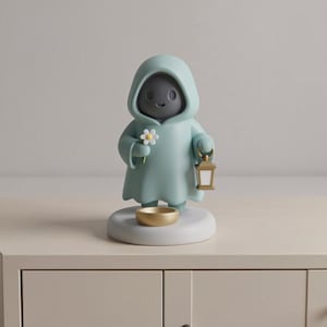 May include: A light teal figurine of a hooded figure holding a daisy and a lantern. The figure has a dark gray face and is standing on a white base with a gold-colored bowl. The figurine is on a light beige surface.