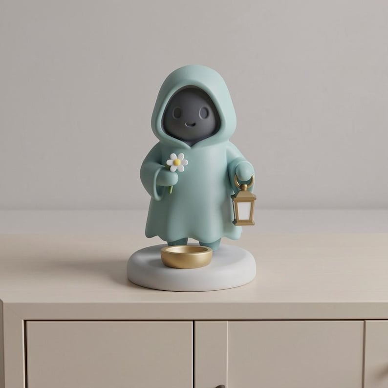 May include: A light teal figurine of a hooded figure holding a daisy and a lantern. The figure has a dark gray face and is standing on a white base with a gold-colored bowl. The figurine is on a light beige surface.