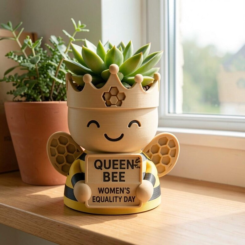 May include: A light yellow and black bee-shaped planter with a crown top holding a succulent. The planter features a sign that reads QUEEN BEE WOMEN'S EQUALITY DAY in black text. The design includes honeycomb patterns on the crown and wings.