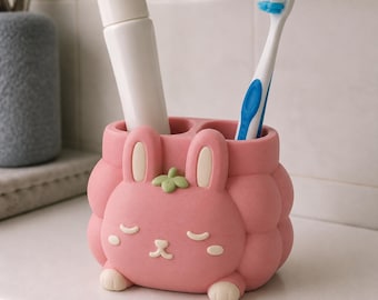 Sleepy Raspberry Bunny Toothbrush Holder, Hand Painted 3D Printed Rabbit Bathroom Organizer