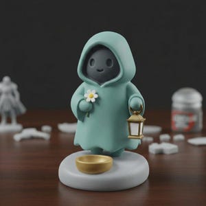 May include: A figurine of a hooded figure in a teal robe, holding a daisy and a lantern. The figure stands on a gray base with a gold bowl. The figure's face is dark gray with a smiling expression. The lantern is gold and white.