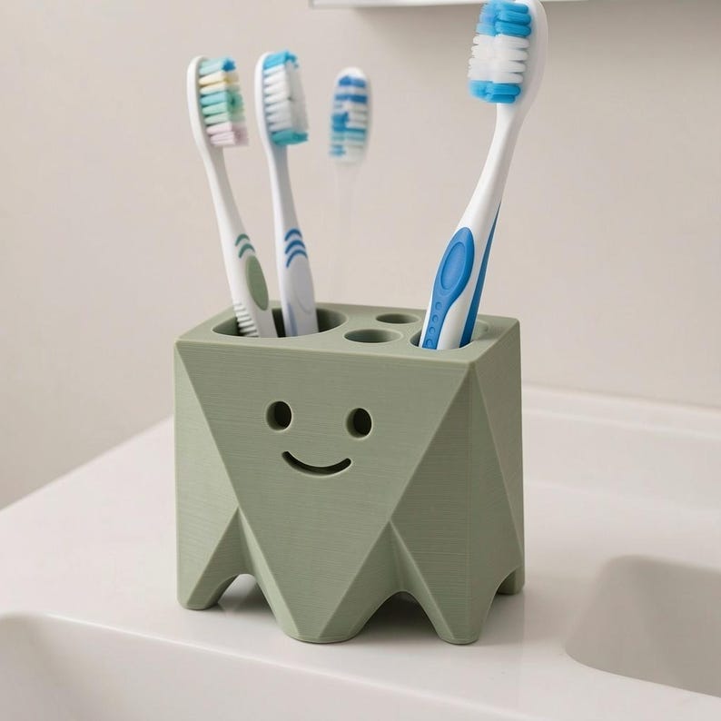 May include: A sage green, geometric, tooth-shaped toothbrush holder with a smiling face cutout. The holder features four circular openings on the top surface, currently containing three toothbrushes with white, blue, and green bristles.