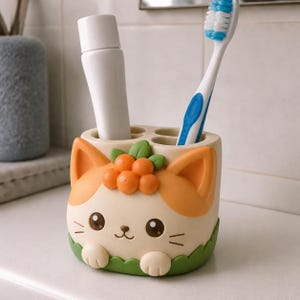 May include: A cream-colored toothbrush holder shaped like a cat with orange ears, a cluster of orange berries on its head, and green leaves at the base. The holder features four circular openings containing a white tube and a blue and white toothbrush.