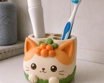 Cloudberry Kitten Toothbrush Holder, Hand Painted 3D Printed Desk Organizer, Kawaii Bathroom Accessory