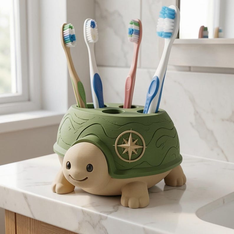May include: A turtle-shaped toothbrush holder in matte olive green and beige, featuring a compass rose emblem on the side and four circular openings on the top shell. Four toothbrushes with blue, green, and pink accents are inserted into the holder.
