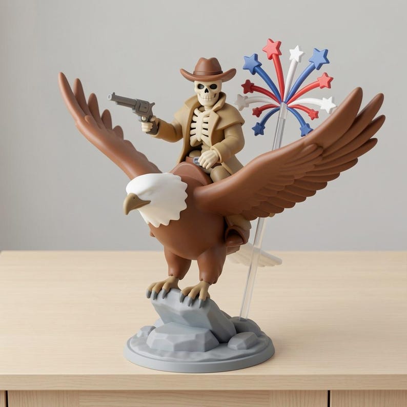 May include: A figurine of a skeleton cowboy riding a brown eagle, holding a gun. The cowboy wears a brown hat and coat. The eagle is perched on a gray rock base. A firework display is attached to the eagle's back.