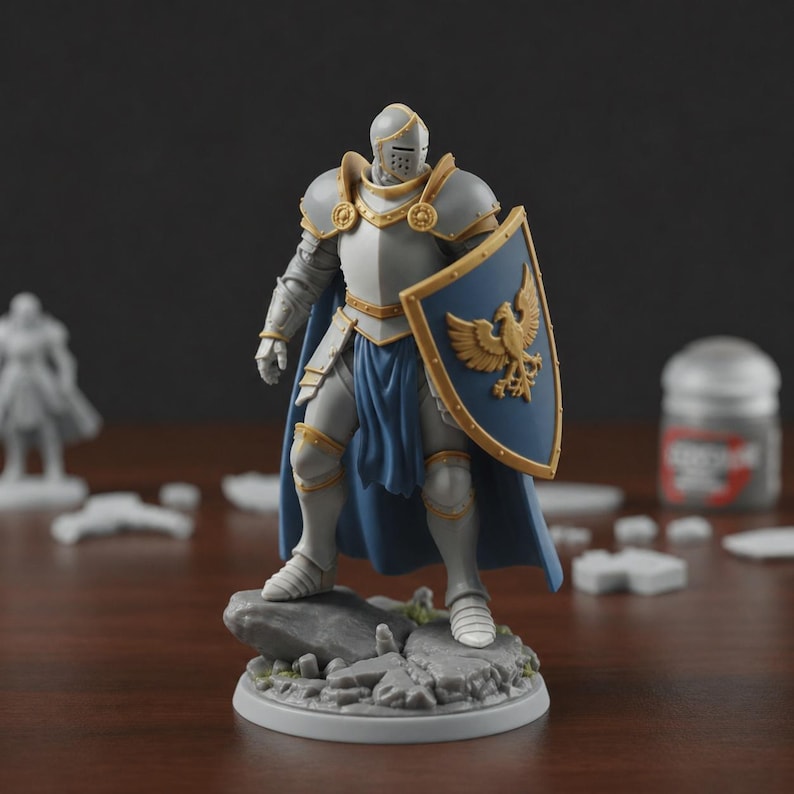 May include: A miniature knight figurine in silver, gold, and blue armor, holding a shield with a gold eagle emblem. The knight stands on a rocky base. The figurine is likely for tabletop gaming or display.
