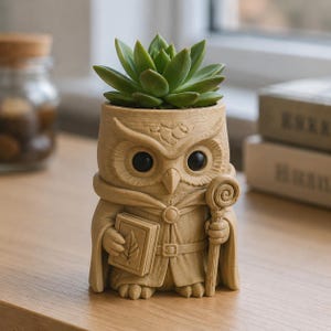 Maceta con forma de búho "Guardián de la Leyenda", maceta para suculentas impresa en 3D y pintada a mano, escultura decorativa de escritorio con un toque de fantasía.