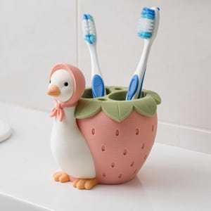 Strawberry Goose Toothbrush Holder, 3D Printed Hand-Painted Bathroom Decor, Whimsical Vanity Organization Accessory image 2