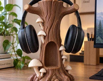 Supporto per cuffie rustico a forma di tronco di bosco con funghi dipinti a mano, decorazione da scrivania ispirata alla natura e stampata in 3D, supporto per cuffie da gaming fantasy