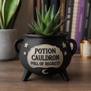 May include: A black ceramic cauldron planter with three legs and two side handles. The front features a beige plaque with the embossed text POTION CAULDRON FULL OF REGRETS, accented by small stars and a crescent moon. A green succulent plant is inside.