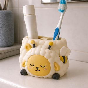Sleepy Honey Bee Lamb Toothbrush Holder, Hand Painted 3D Printed Bathroom Organizer, Wholesome Desk Accessory for Single Brush image 1