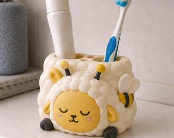 Sleepy Honey Bee Lamb Toothbrush Holder, Hand Painted 3D Printed Bathroom Organizer, Wholesome Desk Accessory for Single Brush