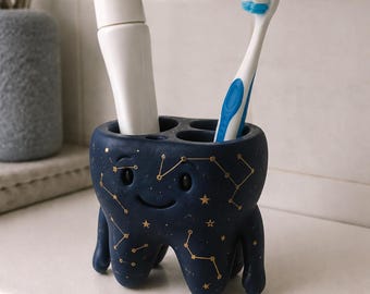 Midnight Blue Gold Constellation 3D Printed Toothbrush Holder Celestial Vanity Organizer