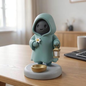 May include: A teal-colored figurine of a hooded figure holding a daisy and a lantern. The figure has a black face and is standing on a gray base with a gold-colored bowl. The figurine is on a wooden table.