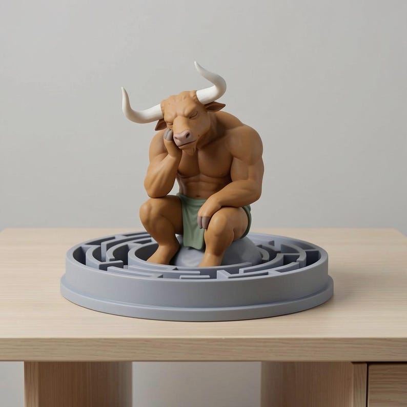 May include: A brown Minotaur figure with white horns, resting its head on its hand, sits on a grey maze-like base. The Minotaur wears a green loincloth. The statue is displayed on a light-coloured wooden table.