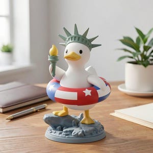 May include: A whimsical figurine of a duck dressed as the Statue of Liberty, complete with a crown, torch, and a patriotic red, white, and blue life preserver. The duck stands on a gray base, adding a touch of fun to any space.