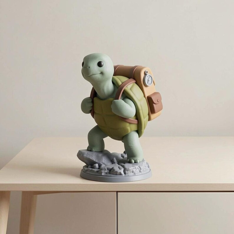 May include: A whimsical figurine of a turtle with a backpack, standing on a rocky base. The turtle is light green with a darker green shell and a brown backpack. The backpack has a small clock on it. The figurine is on a light-colored wooden surface.
