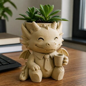May include: A beige, 3D-printed dragon planter featuring a smiling dragon wearing a collared shirt and tie, holding a small mug in one hand. The dragon has small wings and a textured surface, with a green succulent plant growing from the top.