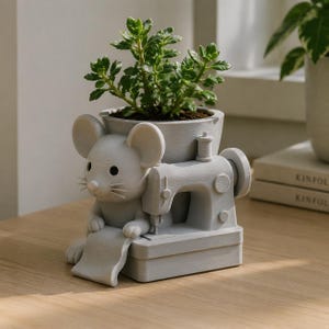 May include: A light grey planter shaped like a mouse operating a sewing machine. The mouse has large ears, whiskers, and holds a piece of fabric. A green succulent plant is potted in the top section of the sewing machine structure.