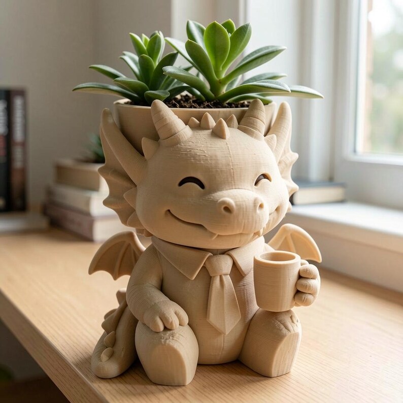 May include: A light beige 3D printed planter shaped like a seated dragon wearing a collared shirt and tie. The dragon holds a small mug in one hand and has a green succulent plant growing from the top of its head, featuring textured scales and wings.