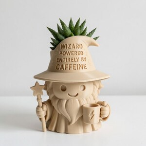 May include: A beige 3D-printed planter shaped like a wizard with a beard, holding a star-topped wand and a mug with a lightning bolt icon. The wizard hat features the text WIZARD POWERED ENTIRELY BY CAFFEINE. A green succulent plant sits inside the hat.