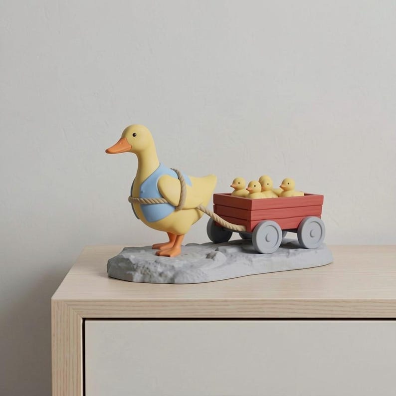 May include: A yellow duck figurine wearing a blue vest pulls a red wagon with five yellow ducklings. The duck is standing on a gray base. The wagon has gray wheels and is connected to the duck with a rope.