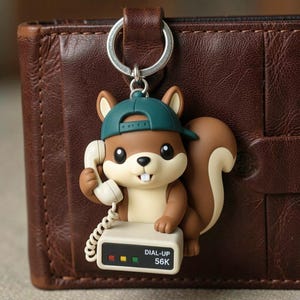 May include: A brown squirrel keychain wearing a dark teal baseball cap, holding a cream-colored telephone handset connected to a rectangular base with the text DIAL-UP 56K and three small red, yellow, and green indicator lights on the front.