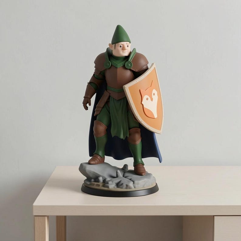 May include: A figurine of a knight in green and brown armor, a green hat, and a blue cape. The knight holds a shield with a fox emblem. The figurine stands on a rock base.