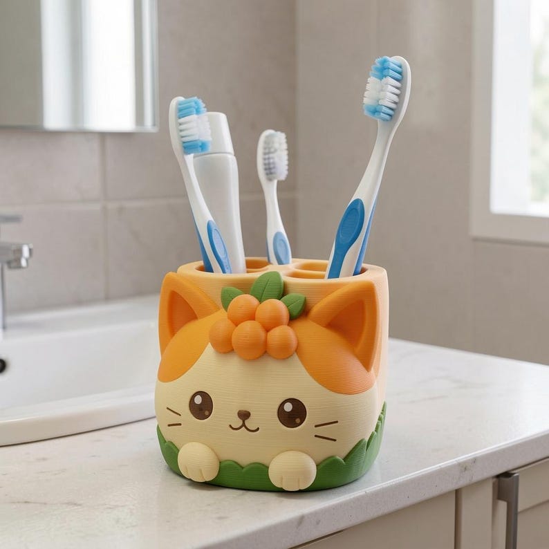 May include: A cream and orange cat-shaped toothbrush holder with green leaf accents and orange berries on top. The holder contains two blue and white toothbrushes and a white tube of toothpaste, featuring a small cat face with whiskers.