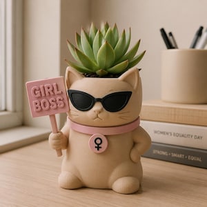 May include: A beige cat-shaped planter holding a green succulent. The cat wears black sunglasses and a pink collar with a female gender symbol pendant. It holds a pink sign in its right paw with the embossed text GIRL BOSS in capital letters.