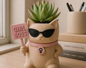Girl Boss Cat Planter, 3D Printed Desk Decor, Unique Hand Painted Succulent Pot