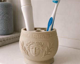 Greek Olive Branch Toothbrush Holder, Hand Painted 3D Printed Bathroom Decor, Ancient Greece Vanity Accessory