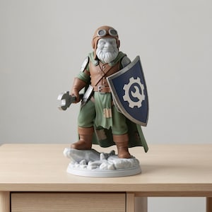 May include: A figurine of a bearded dwarf wearing a brown helmet with goggles, a leather vest, and green pants. He holds a wrench and a shield with a gear emblem. The figurine stands on a rocky base.