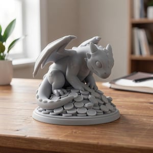 May include: A grey dragon ornament with detailed wings, sitting on a pile of coins. The dragon has a friendly face. The ornament is on a round base, ideal for home decoration. The dragon is made of a solid material.