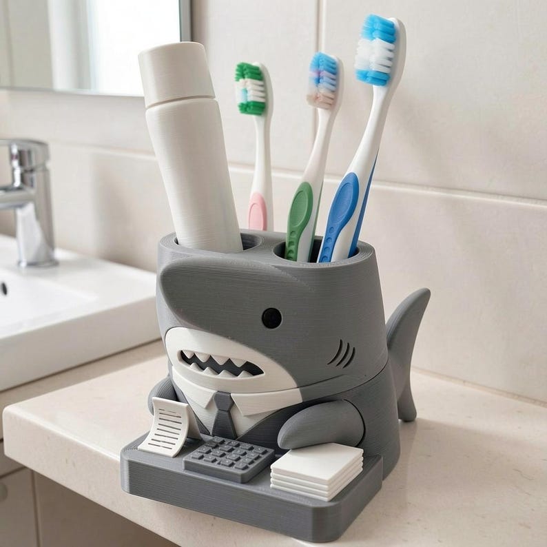 Peut inclure: Un porte-brosse &agrave; dents gris en forme de requin repr&eacute;sentant un requin portant une chemise blanche et une cravate, assis &agrave; un bureau avec une calculatrice et des papiers. Le support poss&egrave;de trois ouvertures contenant un tube blanc et trois brosses.