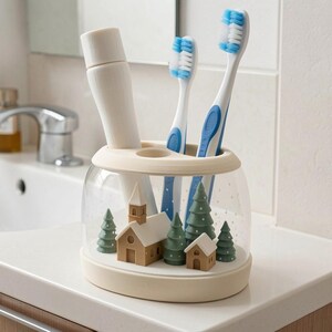 May include: A clear, cylindrical toothbrush holder with a cream-colored base and top rim. Inside the base are miniature brown houses with white roofs and green pine trees. It holds one white tube and two white toothbrushes with blue bristles.