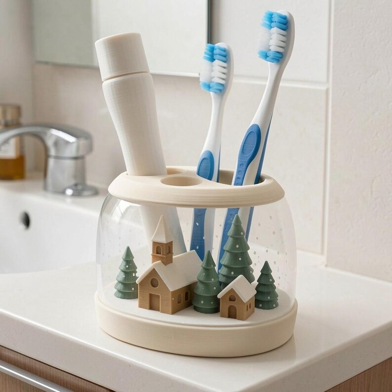 May include: A clear, cylindrical toothbrush holder with a cream-colored base and top rim. Inside the base are miniature brown houses with white roofs and green pine trees. It holds one white tube and two white toothbrushes with blue bristles.