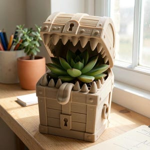 Peut inclure: Un pot de fleurs beige imprim&eacute; en 3D en forme de coffre au tr&eacute;sor mimique avec un couvercle ouvert, des dents pointues et une langue saillante. Une plante succulente verte est plant&eacute;e &agrave; l'int&eacute;rieur du coffre, orn&eacute; d'une serrure.