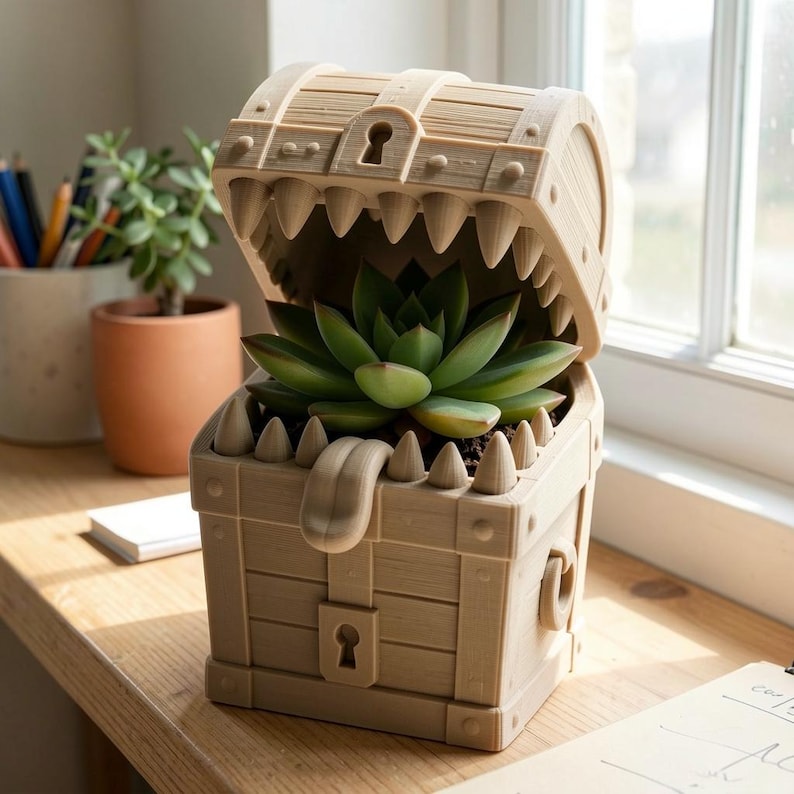 Peut inclure: Un pot de fleurs beige imprim&eacute; en 3D en forme de coffre au tr&eacute;sor mimique avec un couvercle ouvert, des dents pointues et une langue saillante. Une plante succulente verte est plant&eacute;e &agrave; l'int&eacute;rieur du coffre, orn&eacute; d'une serrure.