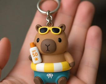 Summer Sunscreen Capybara Keychain, Hand-Painted 3D Printed Accessory, Single Capy Trinket